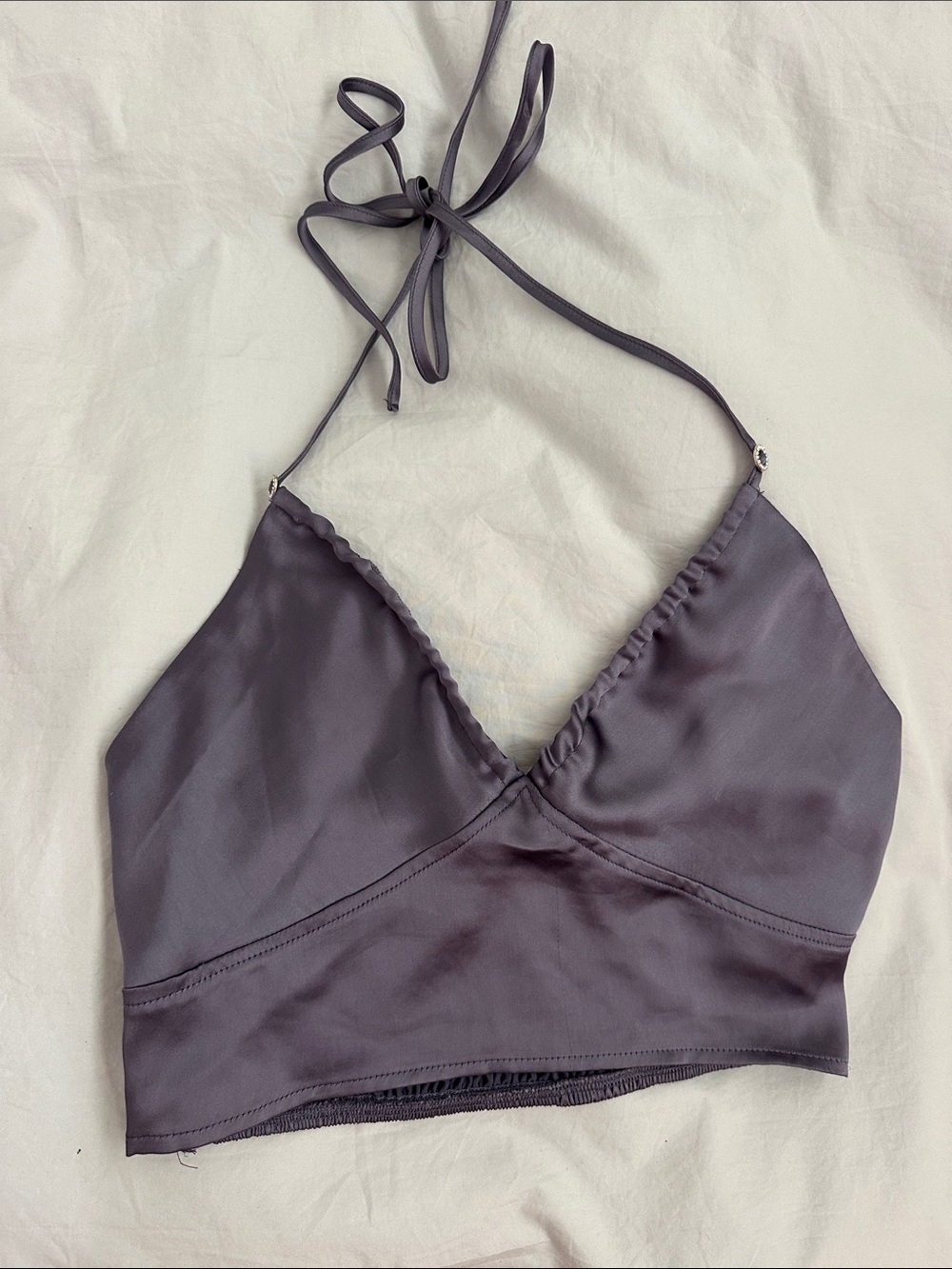 Garage Satin Halter Bralette in Plum